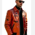 Mens Halloween Sttyle Orange Bomber Leather Jacket