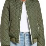 Monica Raymund Hightown Green Quilted Bomber Jacket front