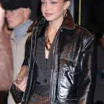 NYC 2025 Gigi Hadid Black Leather Jacket front
