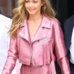NYC Gigi Hadid Pink Leather Jacket front