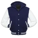 Navy Blue and White Hooded Varsity Jacket front