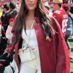 Olivia Culpo Red Leather Jacket front