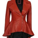 Red Leather Peplum Jacket front