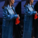 Street Wear Kim Kardashian Faux Leather Blue Coat