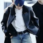 TXT Yeonjun Black Shearling black Leather Jacket