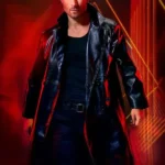 The Running Man Glen Powell Black Leather Coat front