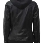 Womens Black Bomber Leather Jacket​ With Removable Hood back