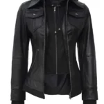 Womens Black Bomber Leather Jacket​ With Removable Hood front