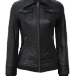 Womens Black Bomber Leather Jacket​ Without Removable Hood front