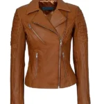 Womens Brown Leather Biker Jacket front