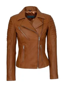 Womens Brown Leather Biker Jacket front