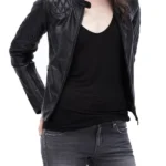 Women’s FJ078 Quilted Black Leather Motorcycle Jacket