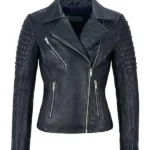Womens Navy Leather Biker Jacket front