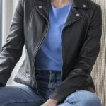 Womens Newby Centre Zip Leather Biker Jacket front