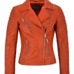 Womens Orange Leather Biker Jacket front