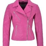Womens Pink Leather Biker Jacket front