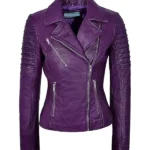 Womens Purple Leather Biker Jacket front