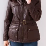 Womens Temple Belted Brown Leather Coat front
