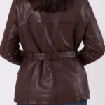 Womens Temple Brown Belted Leather Coat Back