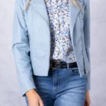 Womens Thornhill Leather Biker Sky Blue Jacket