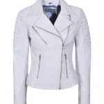 Womens White Biker Leather Jacket​ front