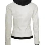 Womens White Leather Bomber Jacket With Removable Hood back