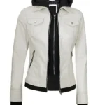 Womens White Leather Bomber Jacket With Removable Hood front