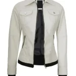 Womens White Leather Bomber Jacket Without Removable Hood