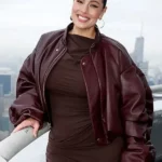 front Ashley Graham Burgundy Leather Jacket