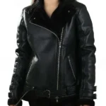front Dakota Johnson Black Leather Shearling Jacket
