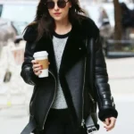 front Dakota Johnson Black Shearling Leather Jacket
