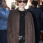 front Emma Stone Bugonia Brown Suede Shirt