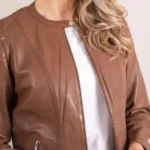 front Heron Slim Fit Brown Leather Racer Jacket