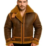 front Men Aviator Distressed Leather Shearling Jacket