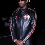 front Met Gala Offset Black Leather Jacket