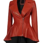 front Red Leather Peplum Jacket