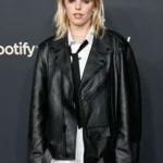 front Renee Rapp Black Leather Biker Jacket