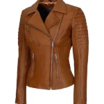 front Womens Brown Leather Biker Jacket