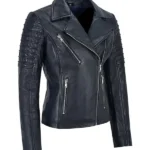 front Womens Navy Leather Biker Jacket