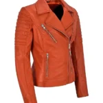 front Womens Orange Leather Biker Jacket