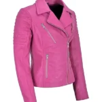 front Womens Pink Leather Biker Jacket