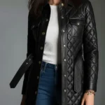 2-in-1 Diamond-quilted Padded Leather Coat