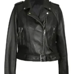Aria Belted Biker Black Leather Jacket