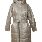 Aurora Belted Leather Puffer Long Coat