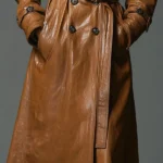 Classic Cognac-Colored Belted Faux Leather Trench Coat