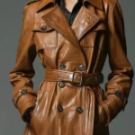 Classic Cognac Colored Belted Faux Leather Trench Coat