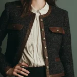 Classic Vintage Leather Trim Tweed Brown Jacket