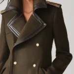 Elegant Olive Green Military-Style Gold Buttons And A Leather Coat
