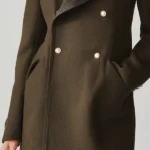 Elegant Olive Green Military-Style Gold Buttons And A Leather Lapel Coat