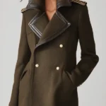 Elegant Olive Green Military-Style Gold Buttons Leather Lapel Coat